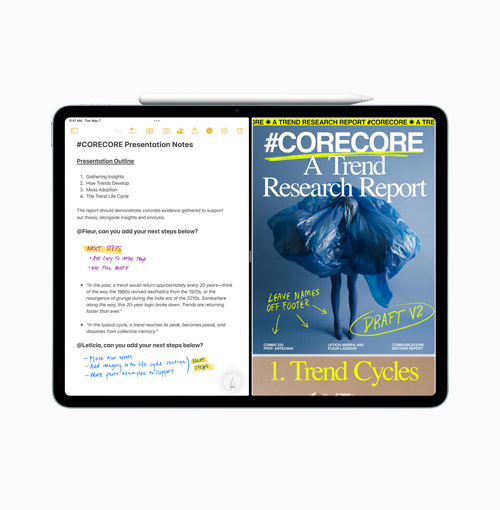 Tablet mostra note e un report di ricerca con una figura avvolta in plastica blu e testo "#CORECORE".