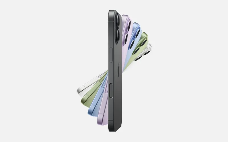 Zijaanzicht smartphone met waaier van kleuren: zwart, wit, groen, blauw en paars.