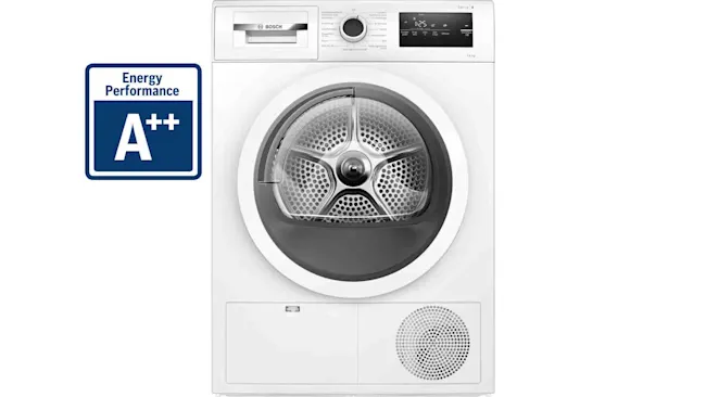 Witte Bosch wasdroger met een ronde deur en bedieningspaneel. Energieklasse A++ logo links.