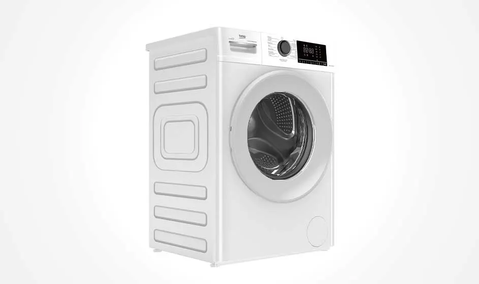 Een witte wasmachine of droger staat schuin in beeld op een lichte achtergrond; het toestel oogt modern en compact.