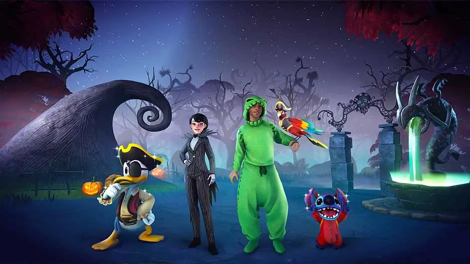 Characters in Halloween costumes stand in a spooky, animated landscape with a fountain and stylized trees.