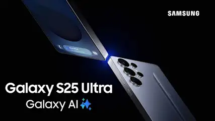 Twee Samsung Galaxy S25 Ultra telefoons op een zwarte achtergrond, de Samsung logo is rechtsboven.