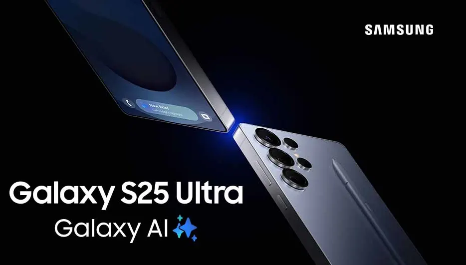 Twee Samsung Galaxy S25 Ultra telefoons op een zwarte achtergrond, de Samsung logo is rechtsboven.