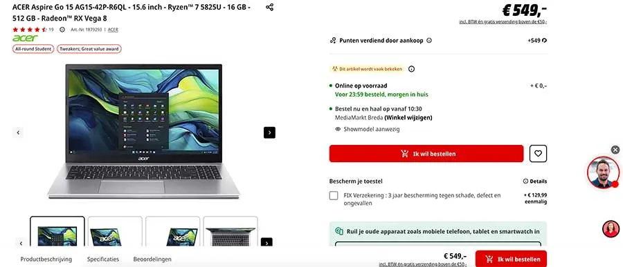 Productpagina van een Acer-laptop met prijs €549, voorraadmelding “vandaag besteld, morgen in huis”, knop “Ik wil bestellen”, opties voor verzekering en inruil.