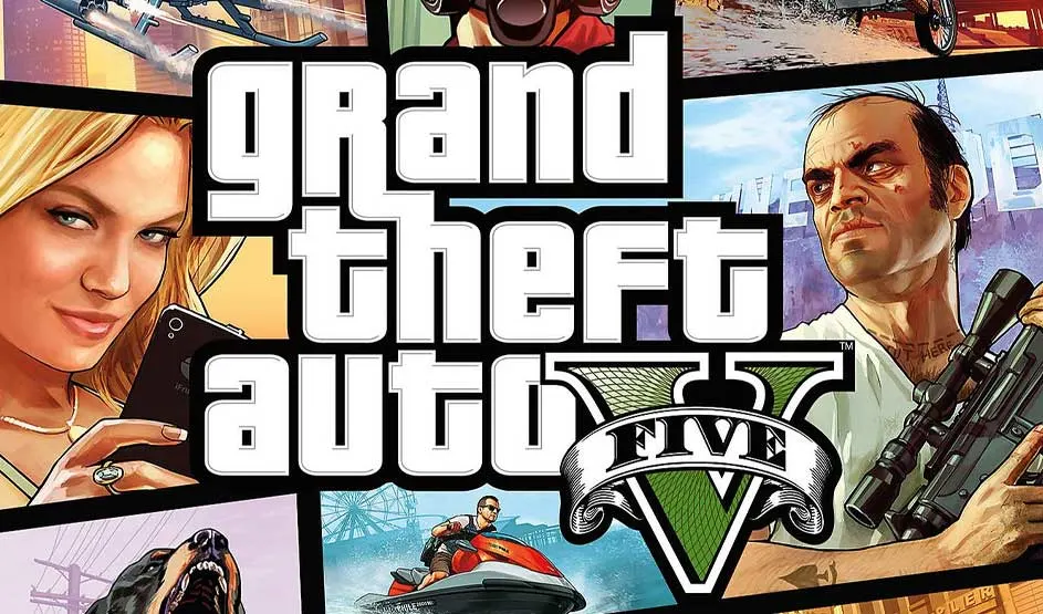 Logo van Grand Theft Auto V (GTA 5) videogame met personages en actiebeelden in een collage-stijl.