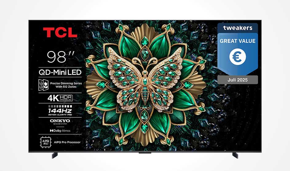 A 98-inch TCL television shows an ornate green butterfly, with product specifications and a price label.