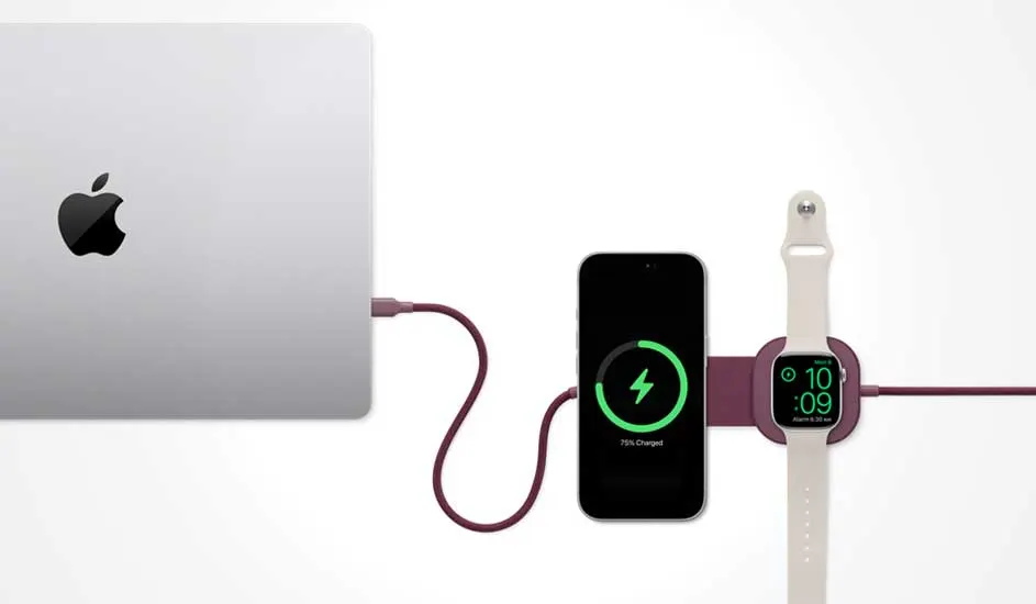 A MacBook links to a charging pad where an iPhone and an Apple Watch power up together, connected with matching purple cables.