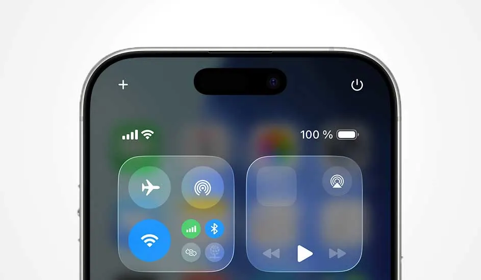 Top van een iPhone‑scherm met Control Centre‑tegels voor vliegtuigmodus, wifi, bluetooth en een volledig gevulde batterij van honderd procent.