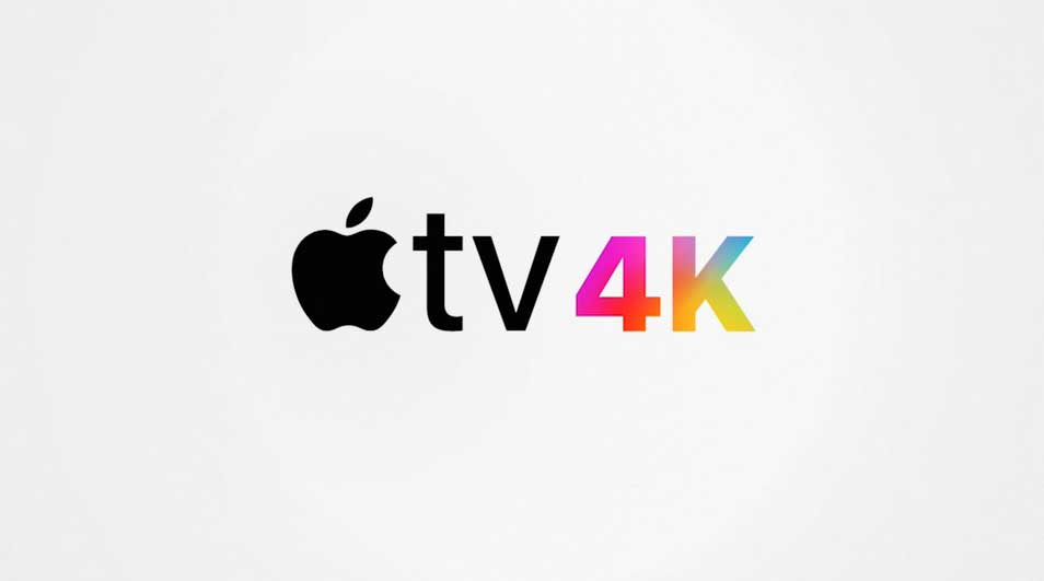 Op een witte achtergrond staat het Apple-logo met “tv” en “4K” in een kleurrijk verloop; het oogt strak, modern en minimalistisch.