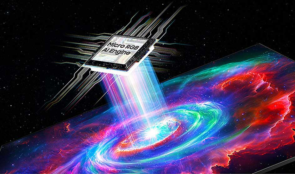 A Micro RGB Engine chip transmits colourful light streams to a cosmic, swirling display. Vibrant colours: blue, green, red, purple against black background. Advanced display technology visualisation concept.