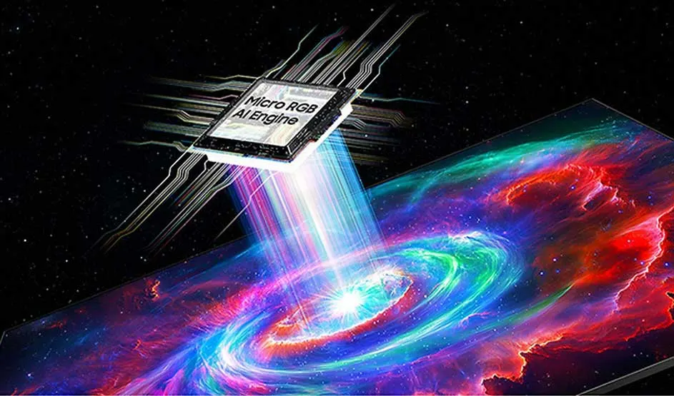 Een Micro RGB Engine-chip zendt kleurrijke lichtwegen uit naar een kosmische, spiralende display. Levendige kleuren: blauw, groen, rood, paars op zwarte achtergrond. Geavanceerde displaytechnologie visualisatie.