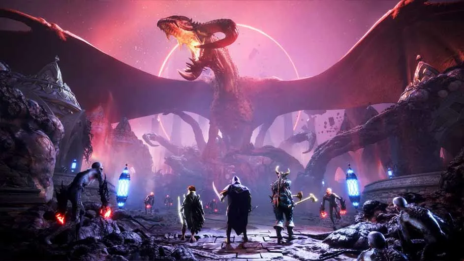 Een scène met een grote draak op de achtergrond en een groep figuren met wapens op de voorgrond in een paarse setting.