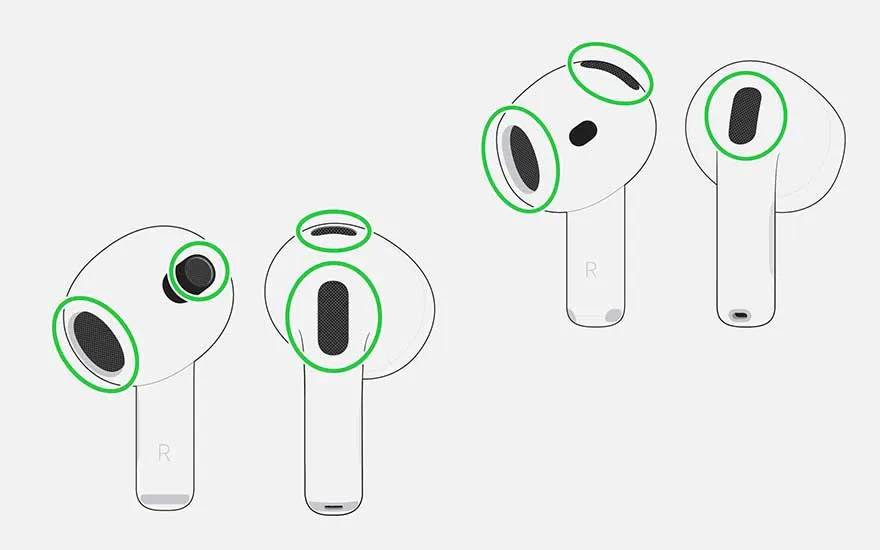 An illustration displays several views of white earbuds, with green circles highlighting key speaker openings and sensor zones.