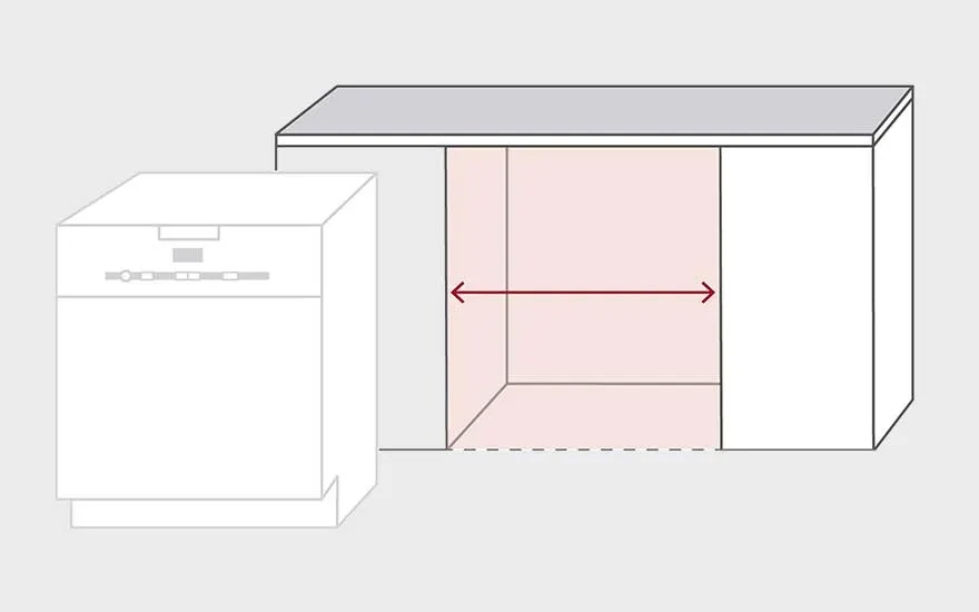 Een grafische tekening toont een losse vaatwasser naast een open keukenkast, waarbij een rode pijl de breedte van de nis aanduidt. Merk is onbekend.