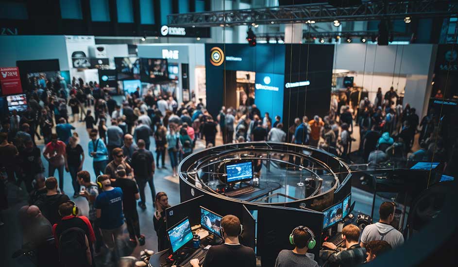 Drukke gamebeurs met een ronde pc-opstelling waar gamers spelen; om hen heen een menigte langs stands en schermen. Geen zichtbaar merk in beeld.