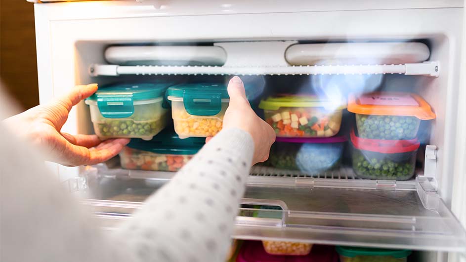 Een open koelkast toont plastic bakjes met gekleurde deksels gevuld met diverse soorten groenten, aangeraakt door een hand.
