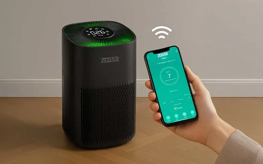 A black smart air purifier with green lit top stands on the floor, linked by Wi Fi to a smartphone displaying the current indoor air quality.