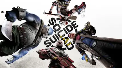 Personen met wapens en het logo 'Suicide Squad Kill the Justice League' tegen een witte achtergrond.