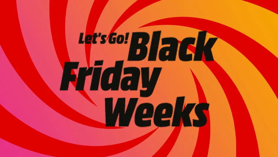 Zwarte tekst "Let's Go! Black Friday Weeks" op een rood-oranje achtergrond met draaiende lijnen.