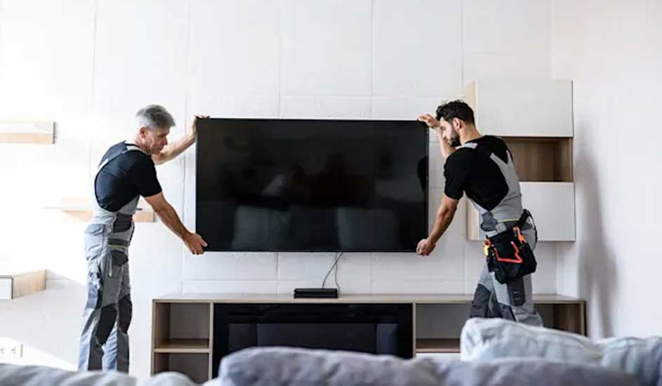Twee monteurs hangen samen een grote flatscreen-tv op aan de muur boven een modern tv-meubel in een lichte woonkamer.