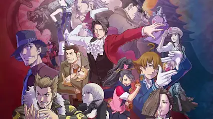 Een geanimeerde groep mensen staat voor een rode achtergrond met een draak, gekleed in diverse formele en casual kleding.