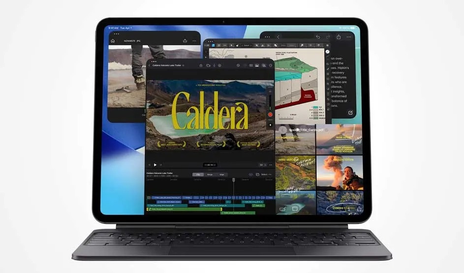 An iPad on a keyboard shows overlapping windows: video editing titled “Caldera”, maps, text and thumbnails, on a white background.