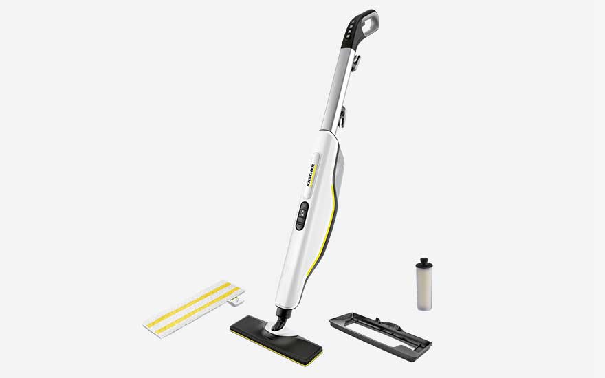 Sleek white steam mop with dark cleaning head and yellow stripes, shown with spare cloth and attachment for versatile floor care.