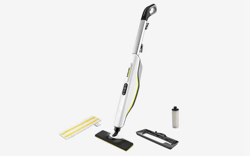 Sleek white steam mop with dark cleaning head and yellow stripes, shown with spare cloth and attachment for versatile floor care.