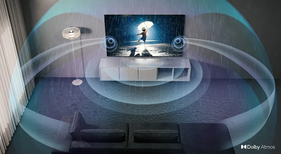 In een moderne woonkamer toont een tv een meisje met een paraplu. Geluidsgolven visualiseren een indrukwekkend surround effect.