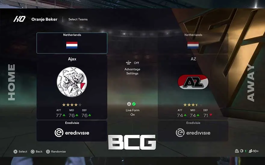 Een voetbalgame-menu toont Nederland, Ajax en AZ met teamstatistieken, logo's en Eredivisie-branding in een donkere arena.