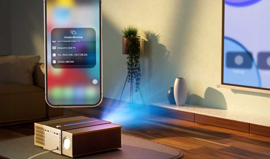 A projector casts an image in a modern living room; a large smartphone interface floats above, beside a telly, plant and furniture.