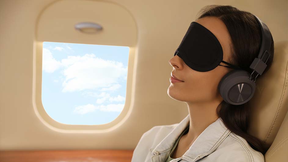 Vrouw met oogmasker en koptelefoon, zittend in een vliegtuig naast een raam met uitzicht op blauwe lucht en wolken.