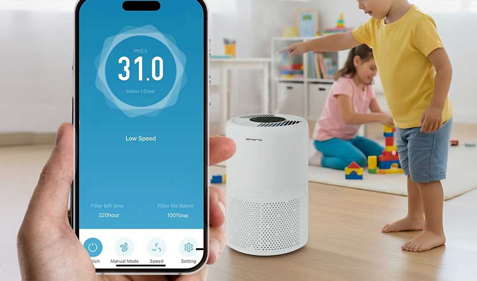 Smartphone toont luchtkwaliteit (PM2.5: 31.0) naast luchtreiniger in kinderkamer waar kinderen met blokken spelen.