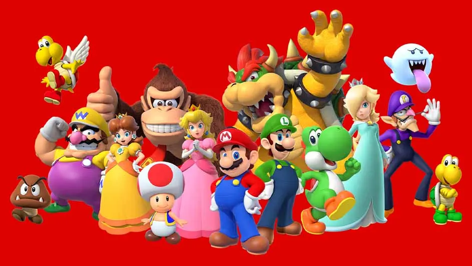 Een groep Mario-personages, waaronder Mario, Luigi, Peach, Bowser en Yoshi, tegen een rode achtergrond.