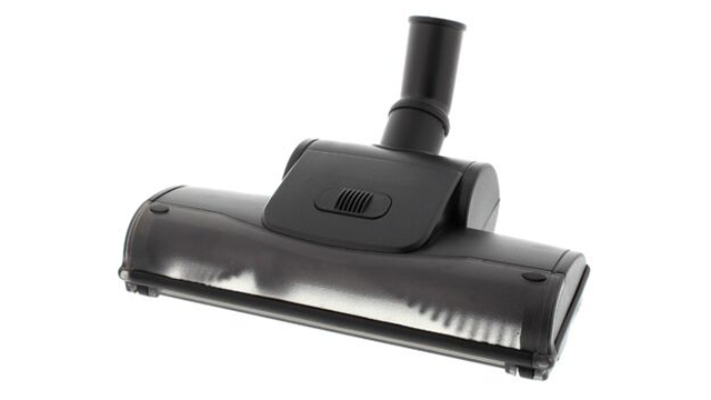 Zwarte stofzuigerborstel met buisbevestiging, gericht naar links, met een witte achtergrond.