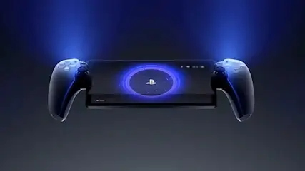 A sleek handheld PlayStation screen floats in a dark space, glowing with blue light and a circular logo that suggests power and speed.
