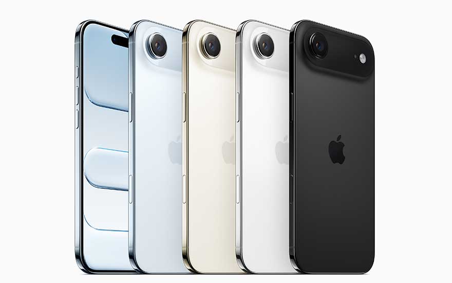 Vijf Apple iPhones Air in verschillende kleuren getoond in rij met elegante camera-ontwerpen en premium afwerking.