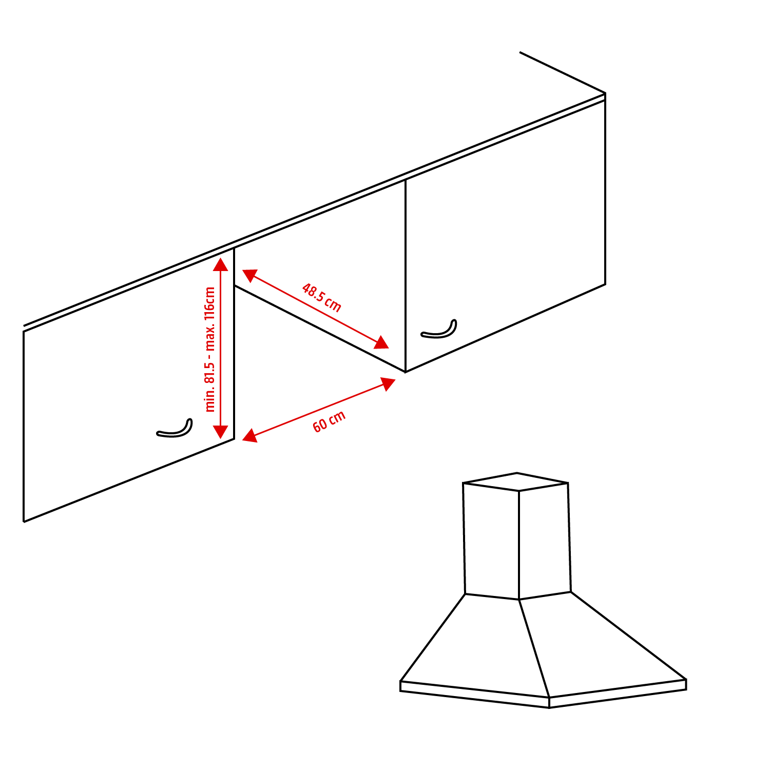 Schematische weergave van een afzuigkap onder een bovenkast, met maatvoering in centimeters aangegeven.