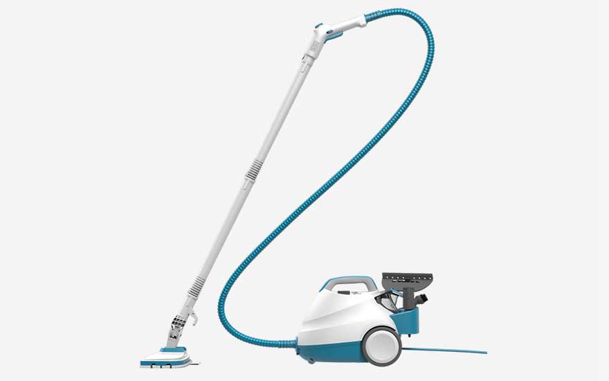 Powerful steam cleaner with large wheeled base and long flexible hose, ideal for treating big areas and challenging corners at home.