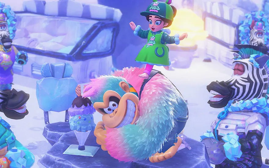 Donkey Kong draagt een kleurrijke pluizige jas terwijl Pauline juicht in een bevroren wereld vol ijsblokken en arctische vijanden.