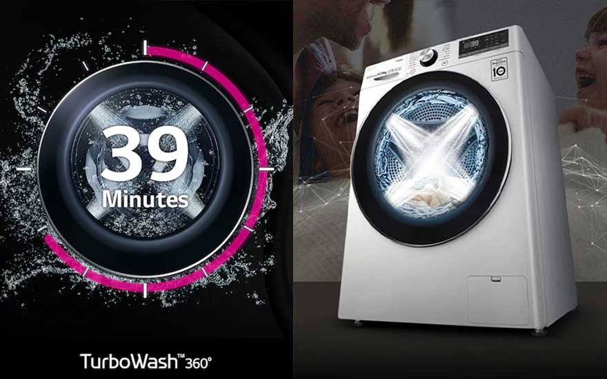 LG TurboWash 360° toont een snelle wascyclus van 39 minuten met waterstralen en dynamische lichteffecten.