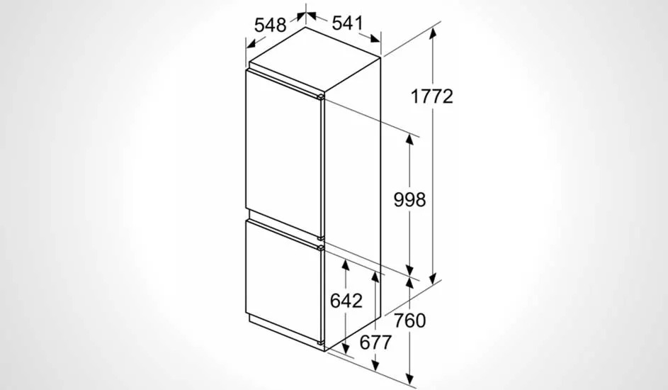 Een technische tekening van een koelkast met twee deuren, toont alle afmetingen: 1772 mm hoog, 548 mm breed, 541 mm diep. Merk is onbekend.