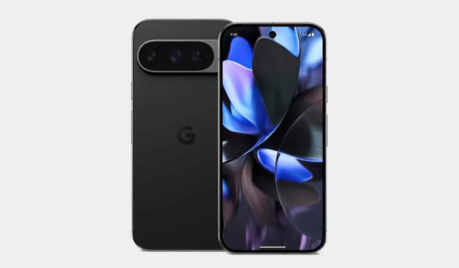 Een zwarte Google Pixel-smartphone met groot display en driedubbele camera aan de achterkant, strak en modern vormgegeven.