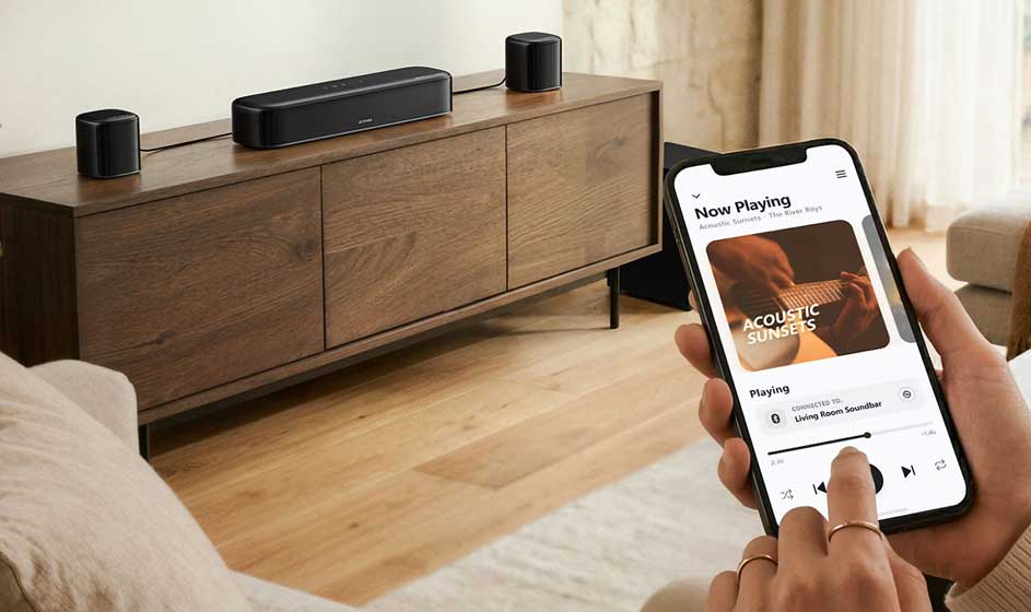 Op een houten kast staan speakers en een soundbar; op de voorgrond bedient iemand muziek via een smartphone in een lichte kamer.