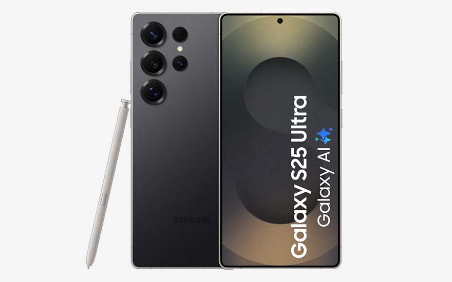 Zilveren Samsung Galaxy S25 Ultra met stylus, groot S-scherm en “Galaxy AI”, achterkant met vier grote cameralenzen en flitser.