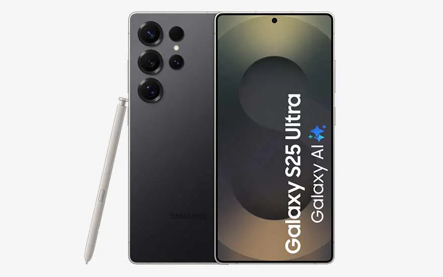 Zilveren Samsung Galaxy S25 Ultra met stylus, groot S-scherm en “Galaxy AI”, achterkant met vier grote cameralenzen en flitser.