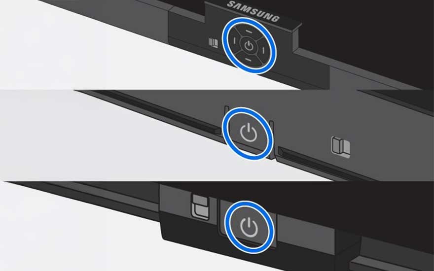 Close-up van drie Samsung TV-modellen toont aan/uit-knoppen met blauwe LED-ringen op verschillende locaties van apparaten.