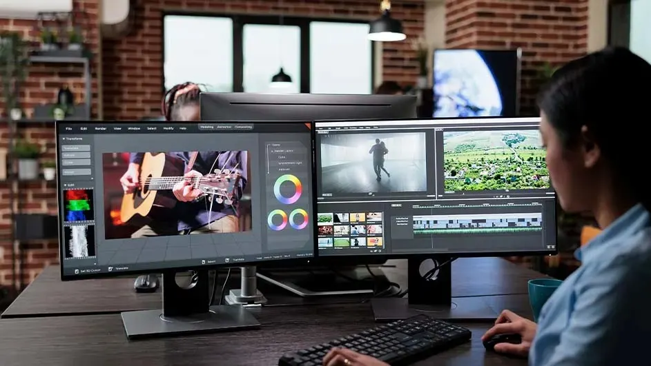 A person edits footage in a modern office, using a dual monitor setup that shows colour wheels, preview clips and detailed video timelines.
