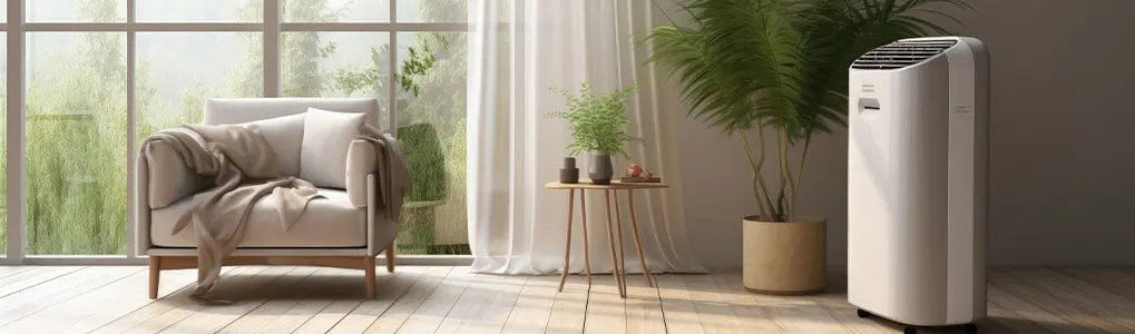Bright room with a chair by a window, a table with plants, a floor plant, and a portable AC unit.