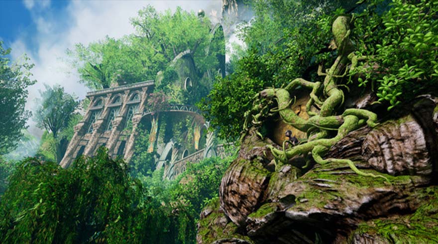 Groen boslandschap met stenen gebouw en begroeide rotsen. Het gebouw heeft pilaren. De rotsen zijn bedekt met groene begroeiing.